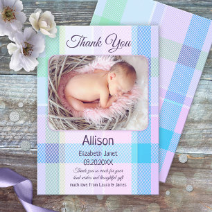 Multicolor Pastel Plaid Baby Photo Thank You Card