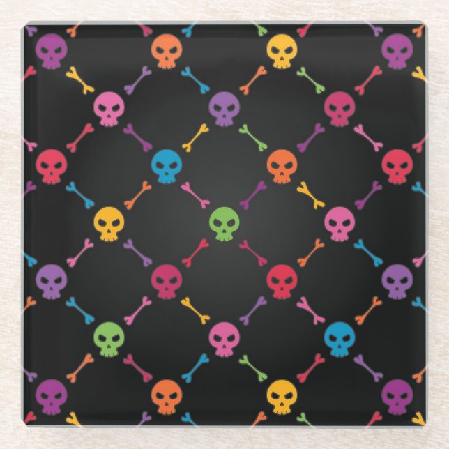 Multicolor pattern with skulls glass coaster (Front)