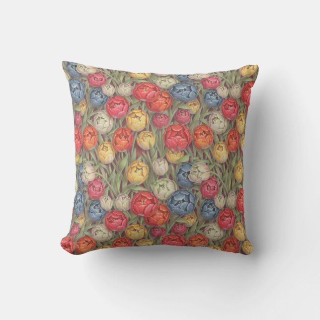 Multicolor Pencil drawn Tulips Throw Pillow (Front)
