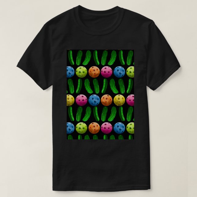 Multicolor Pickleball Pickles Pattern T-Shirt (Design Front)