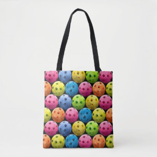 Multicolor Pickleballs on Black Tote Bag