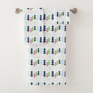 Multicolor Pink Navy Christmas Tree Pattern Bath Towel Set