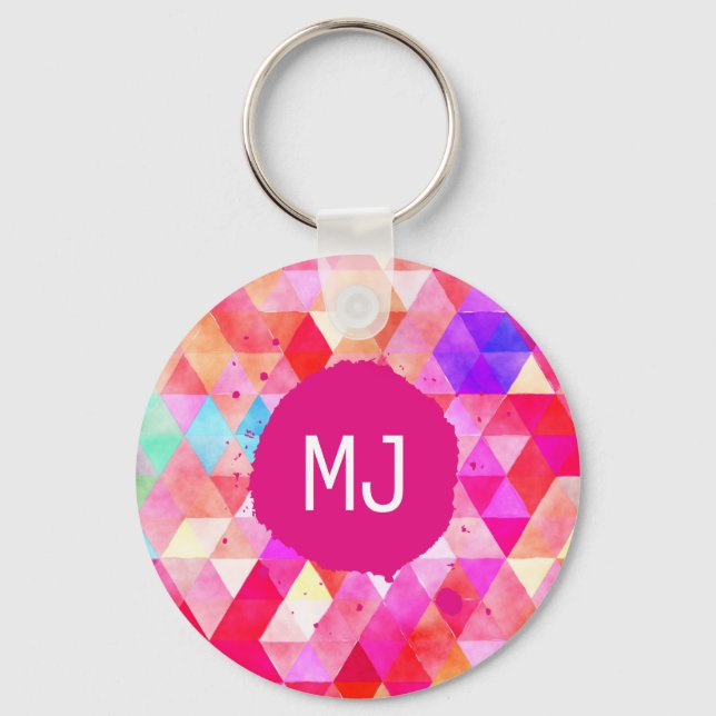 Multicolor Pink Watercolor Triangle Pattern Keychain (Front)