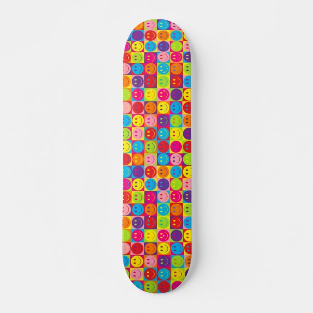 Multicolor Pop Happy Face Squares Skateboard Deck (Front)