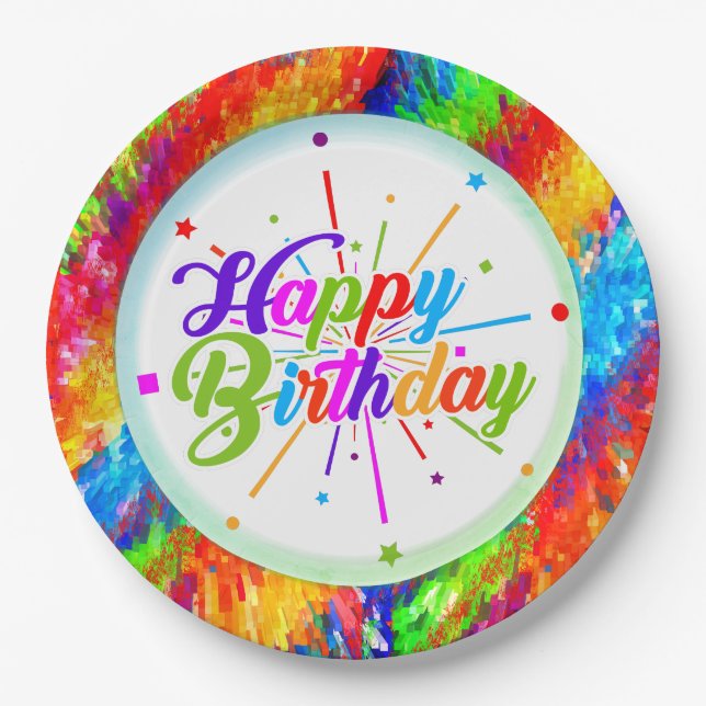 Multicolor Psychedelic Abstract (Happy Birthday) Paper Plates (Front)