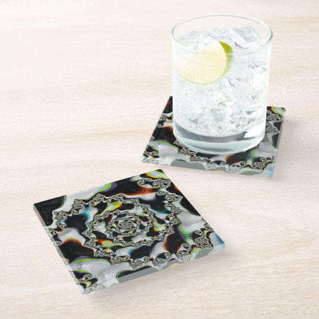 Multicolor Psychedelic Spiral Fractal Glass Coaster (Angled)
