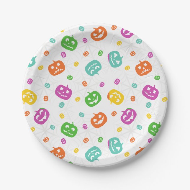 Multicolor Pumpkins Halloween Pattern Paper Plates (Front)