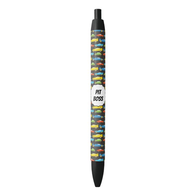 Multicolor Race Cars on Black Personalized Pen (Front Vertical)