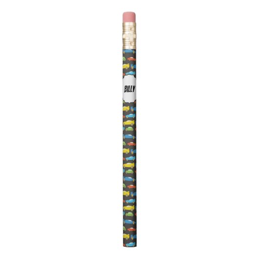 Multicolor Race Cars on Black Personalized Pencil (Vertical)