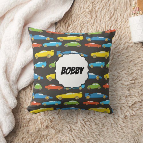 Multicolor Race Cars on Black Personalized Throw Pillow