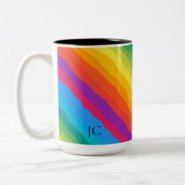 Multicolor Rainbow Wiggly Stripes Two-Tone Coffee Mug (Left)