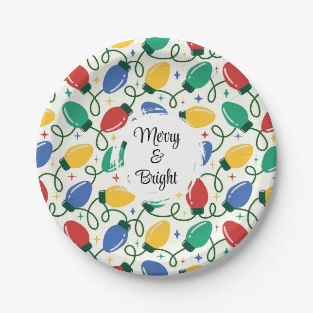 Multicolor Retro Christmas Lights Abstract Pattern Paper Plates (Front)