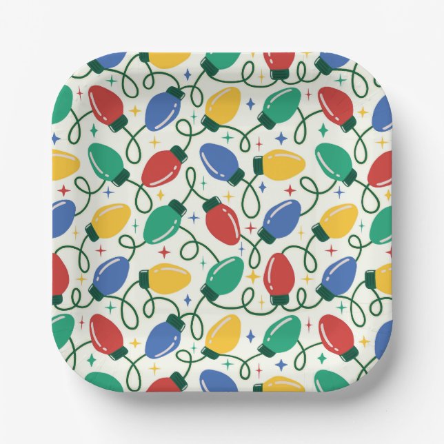 Multicolor Retro Christmas Lights Abstract Pattern Paper Plates (Front)
