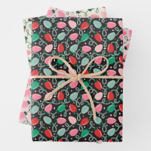Multicolor Retro Christmas Lights Pink & Green Wrapping Paper Sheets