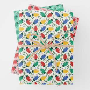 Multicolor Retro Christmas Lights, Red & Green Wrapping Paper Sheets