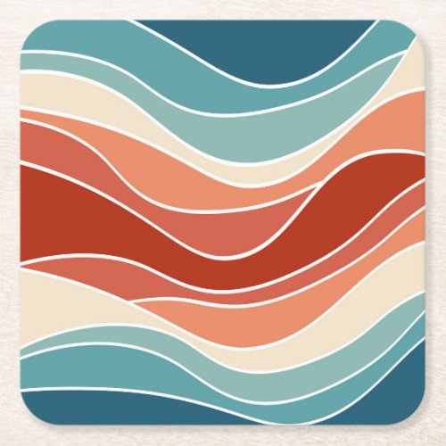 Multicolor retro style waves square paper coaster