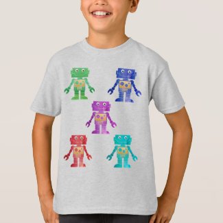 Multicolor Robots with Child's Name on Back T-Shirt