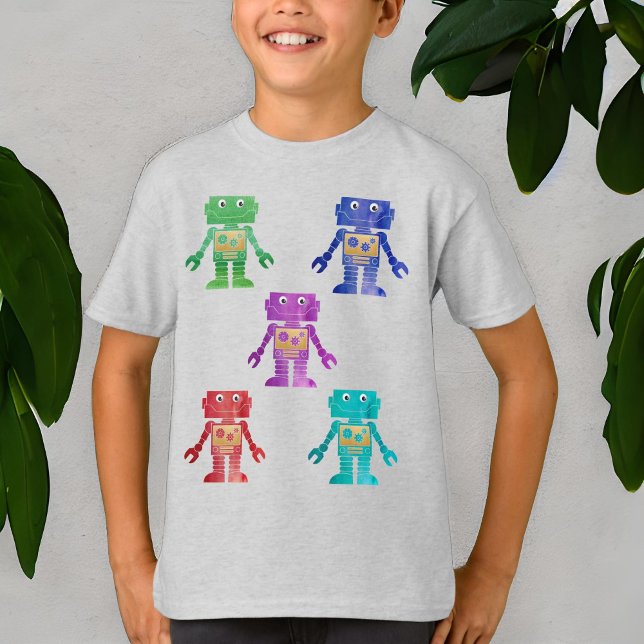 Multicolor Robots with Child's Name on Back T-Shirt (Creator Uploaded)
