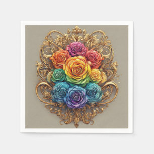 Multicolor Roses with Ornate Golden Flourishes Napkins