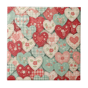 Multicolor Rustic Heart Quilt Block Ceramic Tile