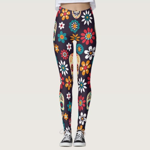 Multicolor skull floral pattern leggings