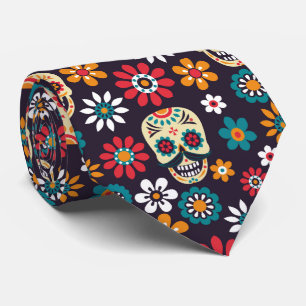 multicolor skull floral pattern neck tie