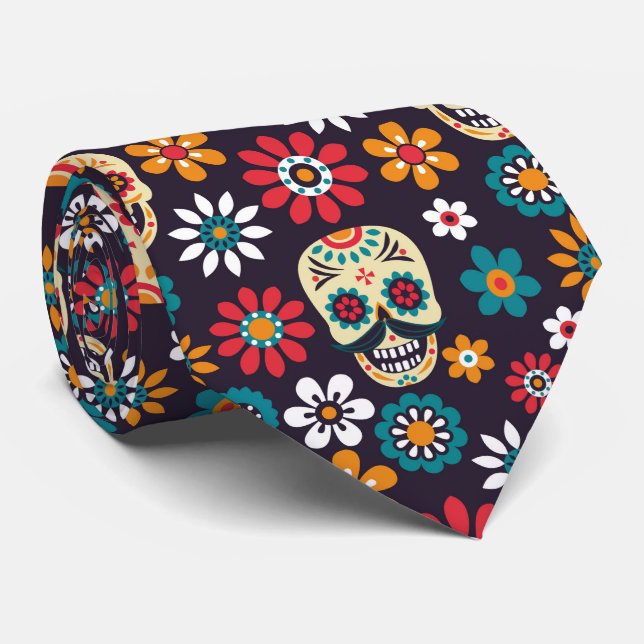 multicolor skull floral pattern neck tie (Rolled)