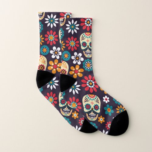 Multicolor skull floral pattern socks