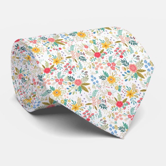 Multicolor spring floral pattern white background neck tie (Rolled)