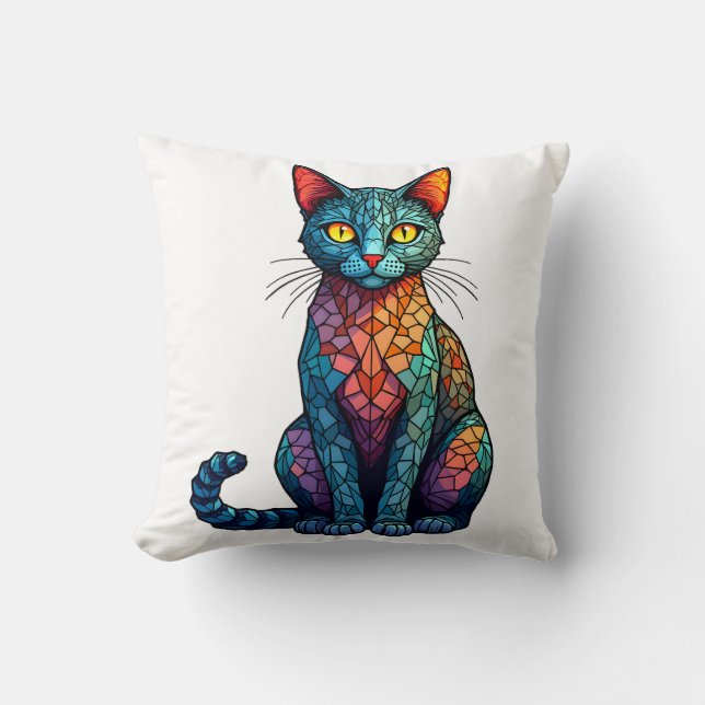Multicolor Stained Glass Cat 784 Throw Pillow (Front)