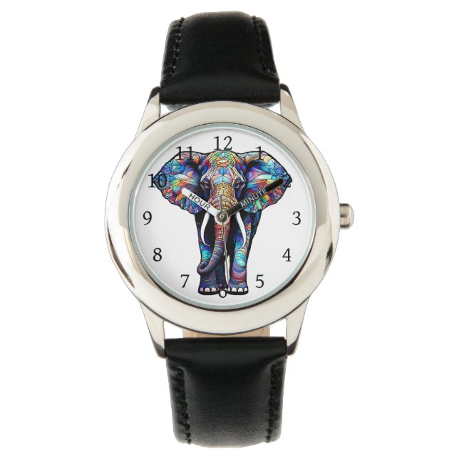Multicolor Stained Glass Elephant 3 Watch (Front)