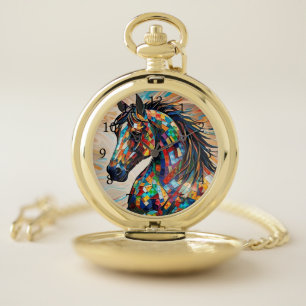 Multicolor Stained Glass Mosaic Horse 15 Pocket Watch