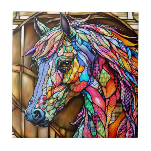 Multicolor Stained Glass Mosaic Style Horse 14 Ceramic Tile