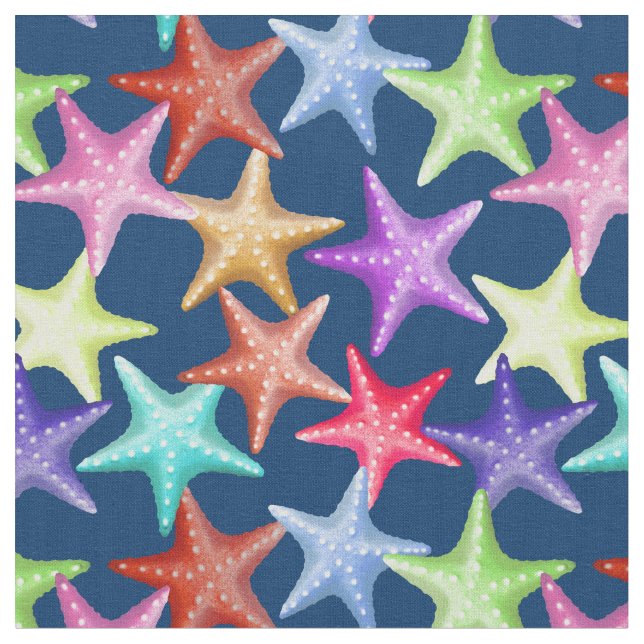 Multicolor Starfish Nautical Summer Beach on Blue Fabric (Close Up)