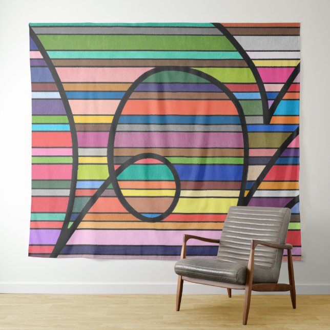 Multicolor Striped Abstract Flowing Black Curves Tapestry (In Situ (Horizontal))