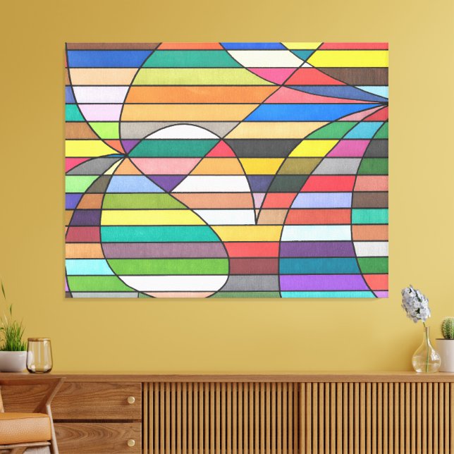 Multicolor Striped Abstract with Curved Geometry Canvas Print (Insitu(LivingRoom))