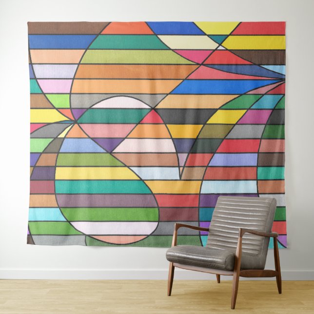 Multicolor Striped Abstract with Curved Geometry Tapestry (In Situ (Horizontal))