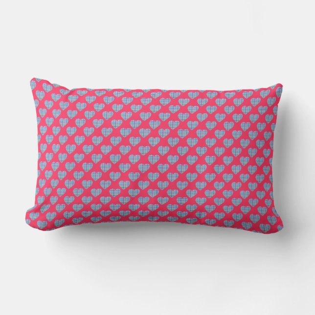 Multicolor striped blue hearts on bright pink lumbar pillow (Front)