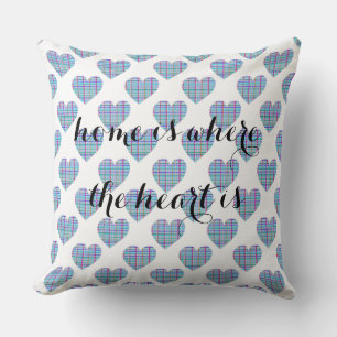 Multicolor striped blue hearts on white throw pillow