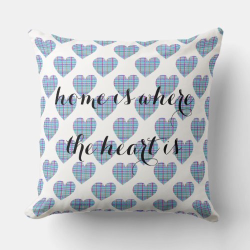 Multicolor striped blue hearts on white throw pillow
