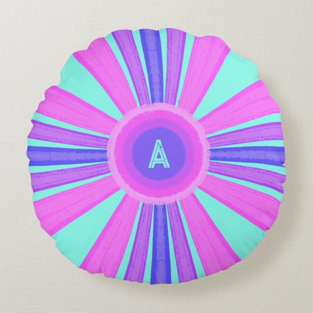 Multicolor Striped Monogram  Round Pillow (Front)