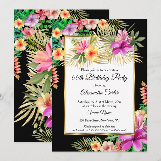 Multicolor Tropical Black Hibiscus Floral Party Invitation (Front/Back)