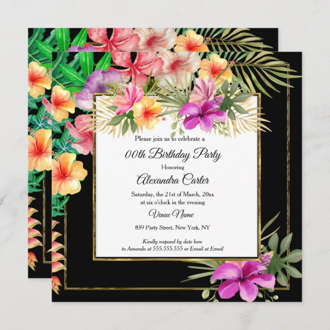 Multicolor Tropical Black Hibiscus Floral Party SQ Invitation (Front/Back)