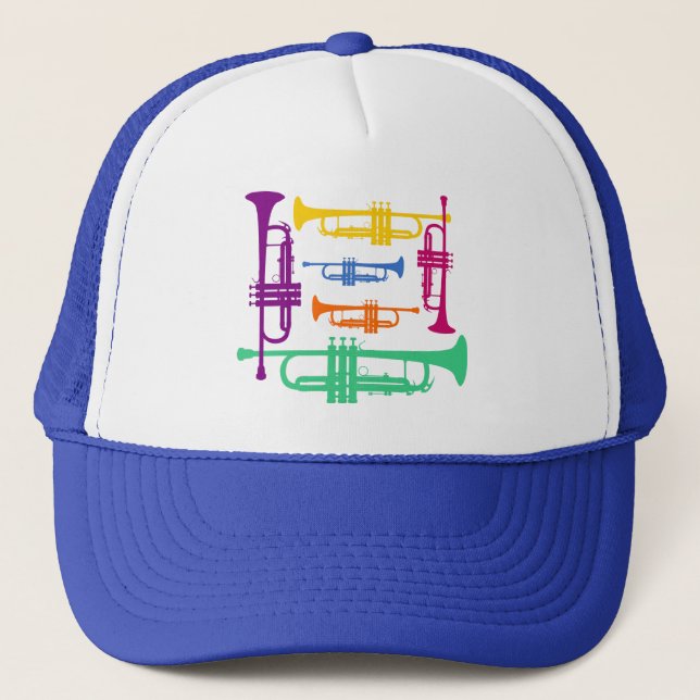 Multicolor Trumpet Music Instrument Baseball Trucker Hat (Front)