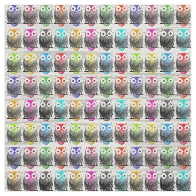 Multicolor watercolor hand drawn owl pattern fabric (Swatch)