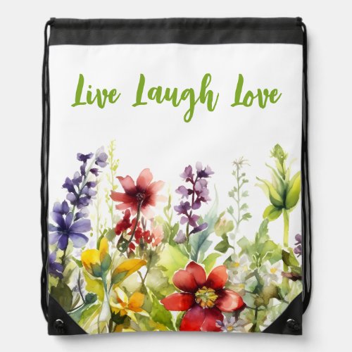 Multicolor Watercolor Wildflowers on White Drawstring Bag