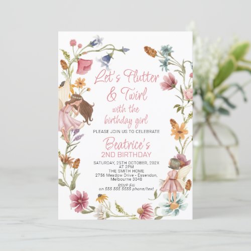 Multicolor Wildflower Wreath and Fairy Birthday Invitation