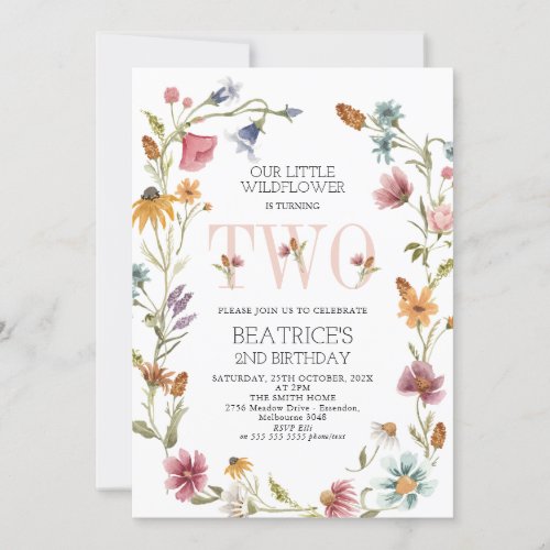 Multicolor Wildflower Wreath Girls 2nd Birthday Invitation