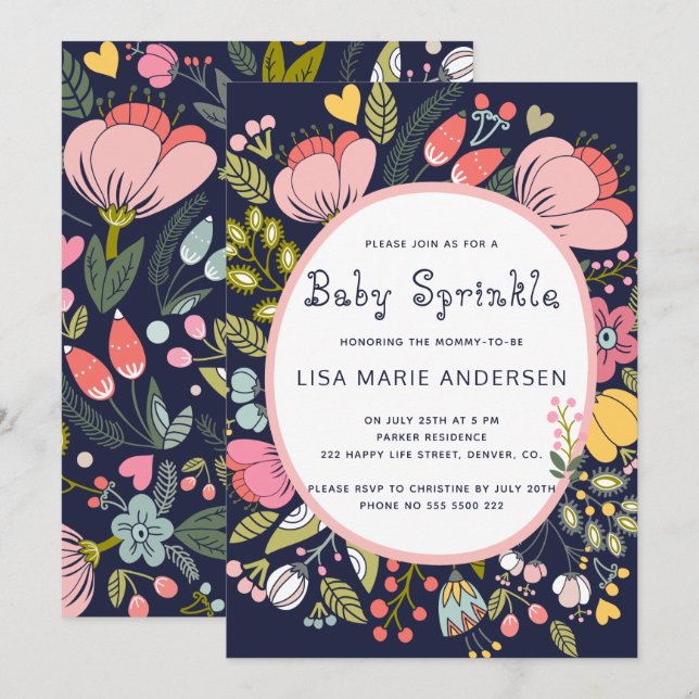 Multicolor wildflowers meadow navy baby sprinkle invitation (Front/Back)