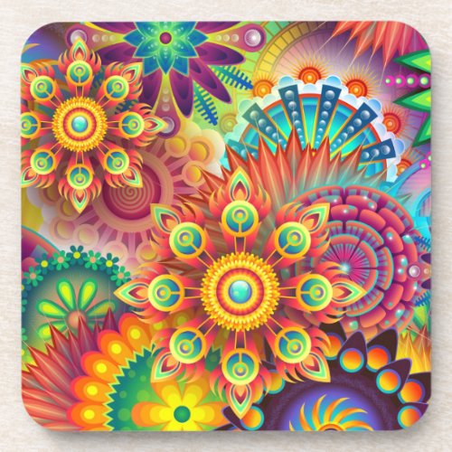 Multicolored Art Deco Flower Shapes Pattern Beverage Coaster